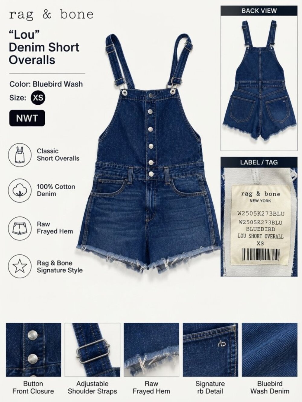 NWT Rag & Bone Lou Denim Short Overalls Bluebird Wash Size XS